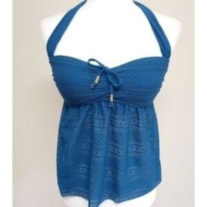 NWOT Into the Bleu 10 Bandeau Halter Top Crochet Lace Tankini Blue #86820
